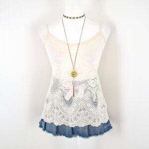 VTG 00s Y2K Coquette Cream Floral Sheer Mesh Lace Sleeveless Cami Top Size Large
